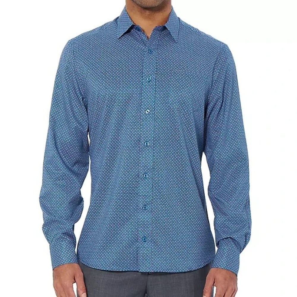 Nick Graham Mens Teal Printed Long Sleeve Stretch Woven Button Up Shirt S